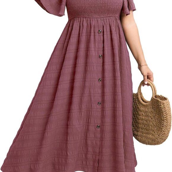 Plus Size Maxi Dress Boho Summer Beach Casual Smocked Short Sleeve - Picture 1 of 6